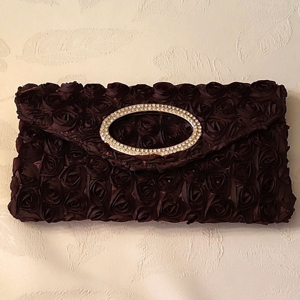 NEW Brown Organza Clutch, Rosettes, Rhinestone Clasp & Silver-tone Strap